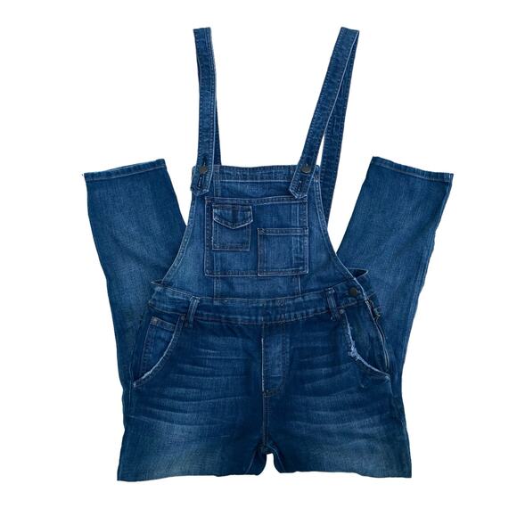 Free People Denim Overalls Sz 27 Blue Distressed Open Back Casual Boho Utility - Picture 1 of 16